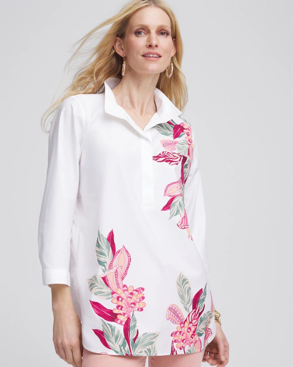 男性に人気！ No Chico's | Tunic Buttonback Floral Iron™ トップス